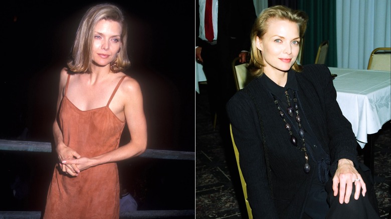 Side-by-side of Michelle Pfeiffer in a brown suede dress and a black suit.