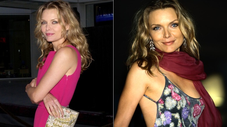 Side-by-side of Michelle Pfeiffer in a pink dress and a floral top.