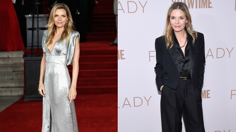 Side-by-side of Michelle Pfeiffer in a silver gown and a tailored black suit.