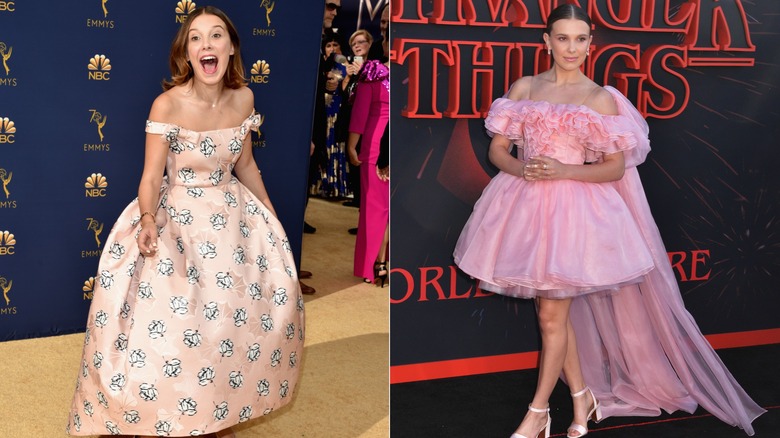 Teen Millie Bobby Brown walking red carpets in glamorous dresses.