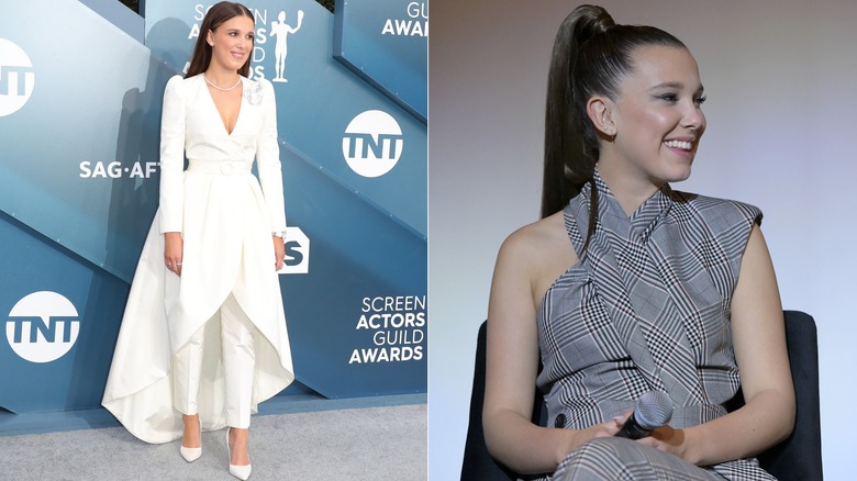 Millie Bobby Brown's style in 2020 as she poses on the red carpet and smiles during an interview.