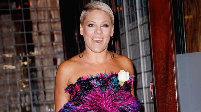 Singer Pink in a feather dress