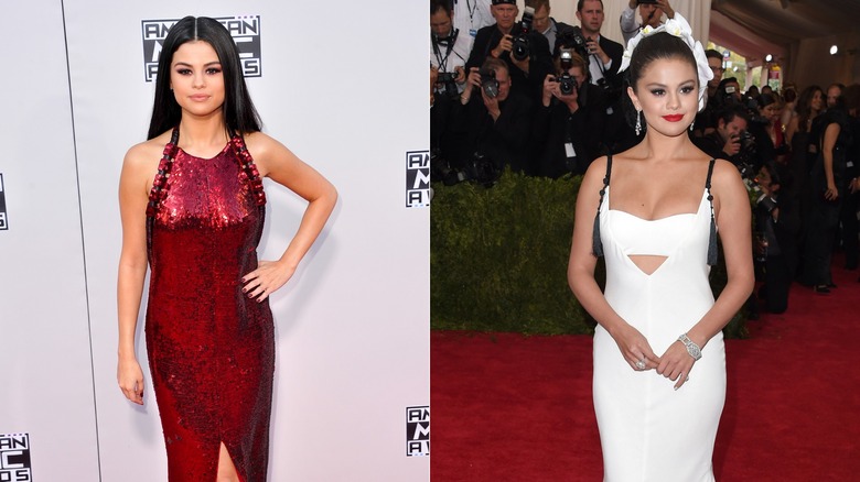 Selena Gomez in sequin dress and white Vera Wang