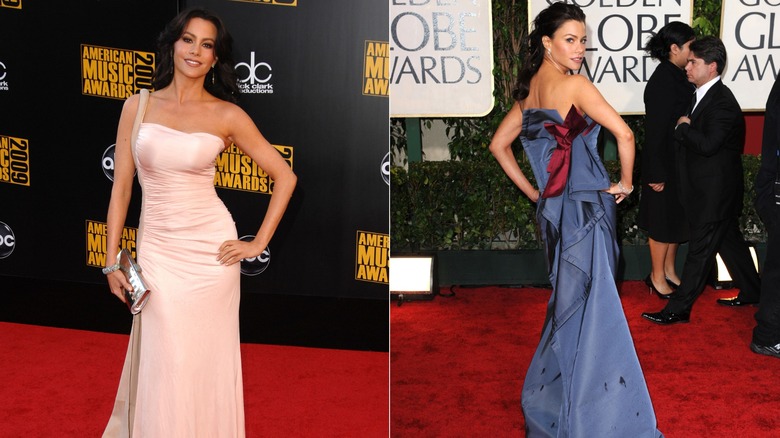 Sofía Vergara wearing floor-length gowns in 2009 and 2010.