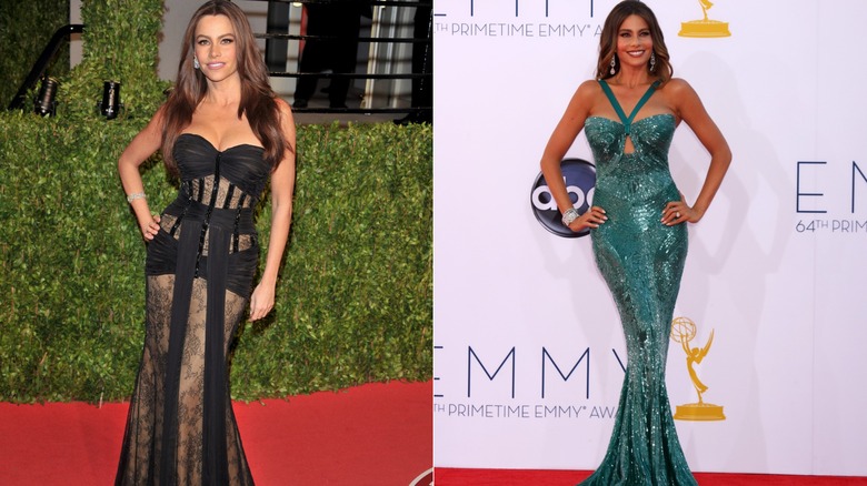 Sofía Vergara wearing revealing dresses at red carpet events in 2011 and 2012.