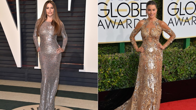 Sofía Vergara wearing metallic dresses to red carpets in 2017.