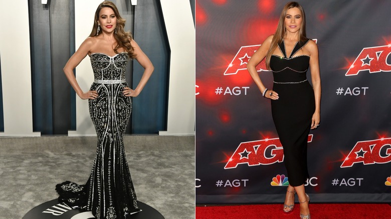 Sofía Vergara wearing body-hugging dresses in 2020 and 2021.