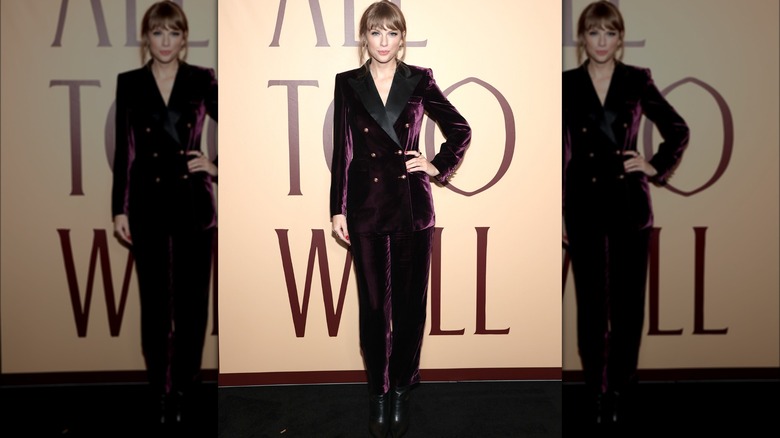 Taylor Swift in a velvet pantsuit