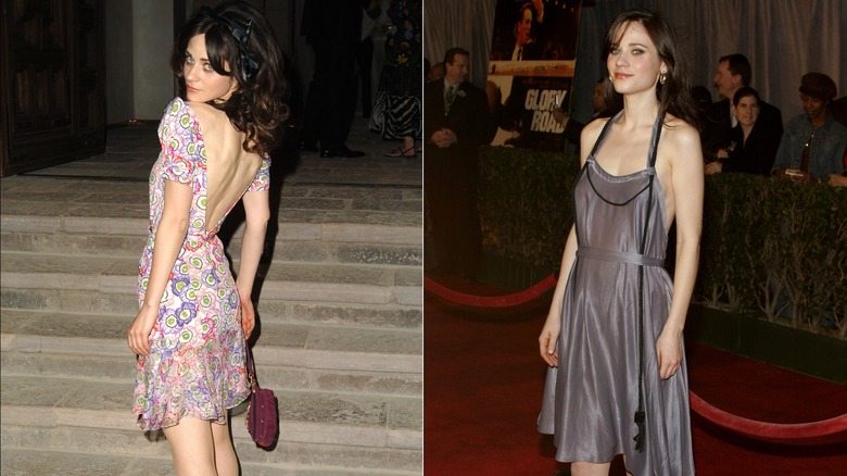 Zooey Deschanel wearing revealing dresses to red carpets.