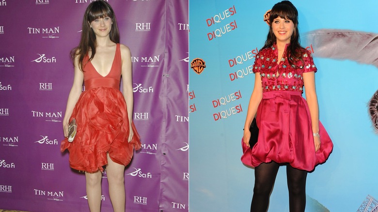 Zooey Deschanel wearing bright red dresses to red carpets.