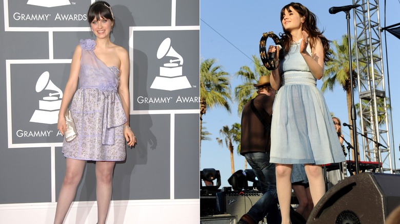 Zooey Deschanel wearing pastel dresses to industry events.