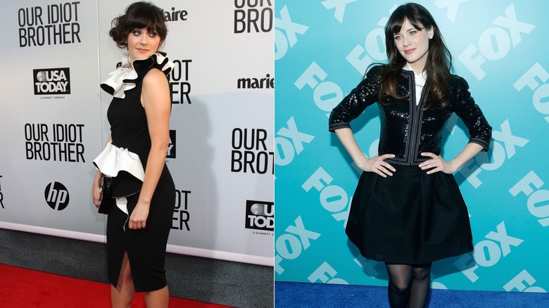 Zooey Deschanel wearing black and white outfits to red carpets.