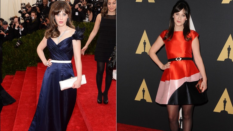 Zooey Deschanel posing at industry events in the mid-2010s.