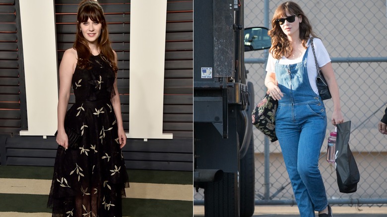 Zooey Deschanel showing her fashion versatility in different styles of clothing.