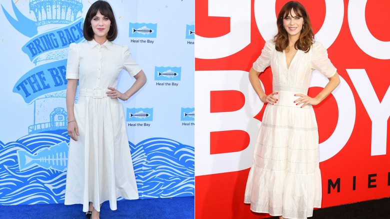 Zooey Deschanel wearing white dresses to red carpets.