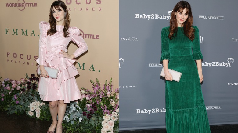 Zooey Deschanel's style at red carpet events in the early 2020s.