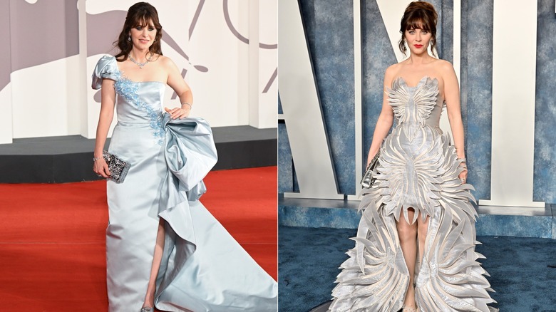 Zooey Deschanel in metallic gowns during 2022 and 2023.