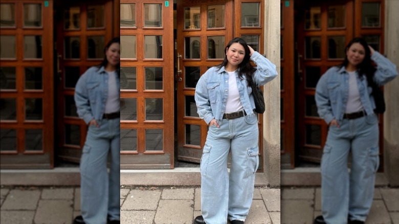 woman in double denim outfit