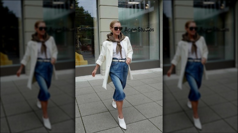 Denim midi and white blazer 