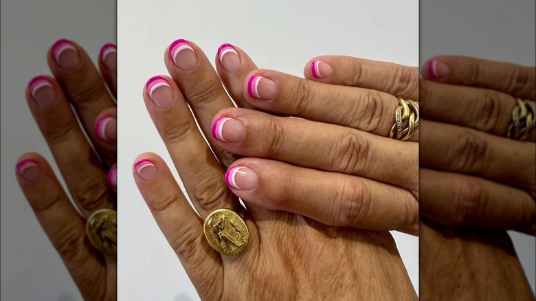 Short French tips with stacked pink and white lines