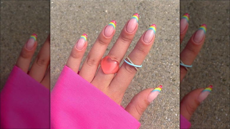 Pink, yellow, blue rainbow french manicure 