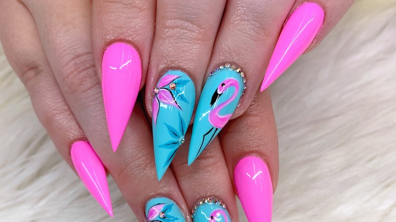 pink flamingo designed stiletto nail