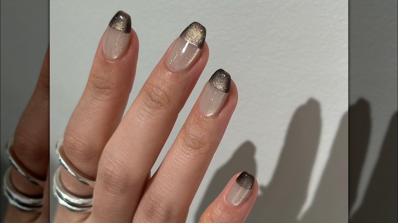 square glitter silver french nails