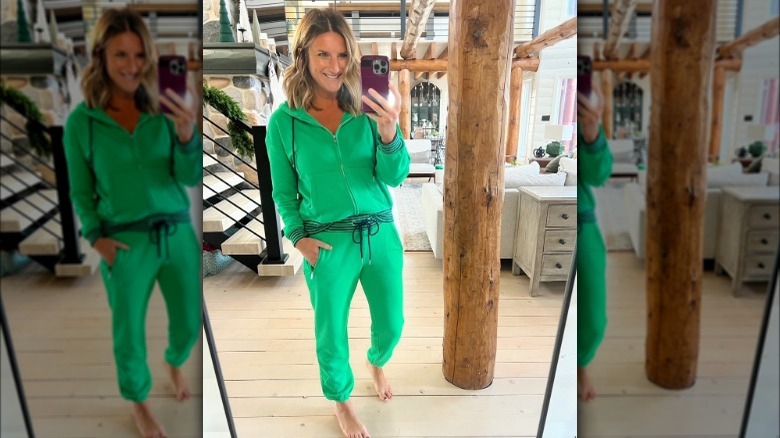 Woman wearing green sweatsuit