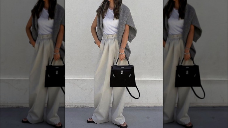 trousers with gray sweater