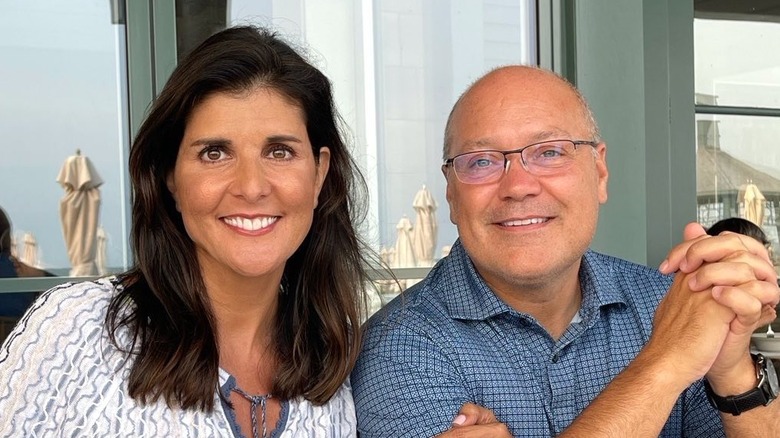 Nikki and Michael Haley sitting outside at a restaurant.