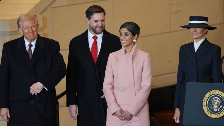 Donald Trump, J.D. Vance, Usha Vance, and Melania Trump standing together at the 2025 Presidential Inauguration