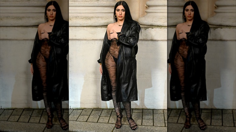 Lourdes Leon wearing a sheer bodysuit and leather jacket at Haute Couture Fashion Week 2025.