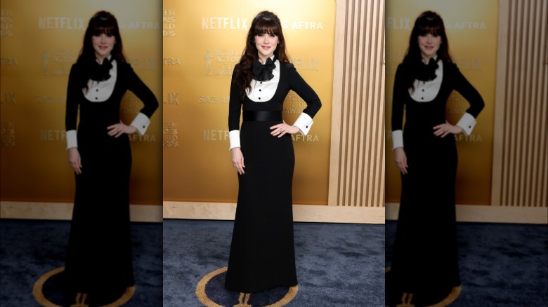 Zooey Deschanel in a black-and-white dress at the 2025 SAG Awards