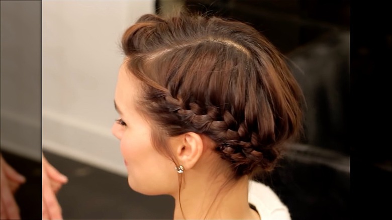 woman with short hair halo braid