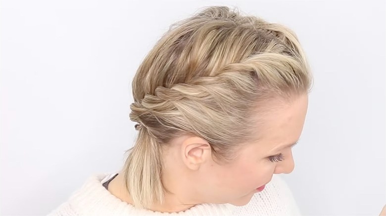 woman wearing short hair in faux french braid