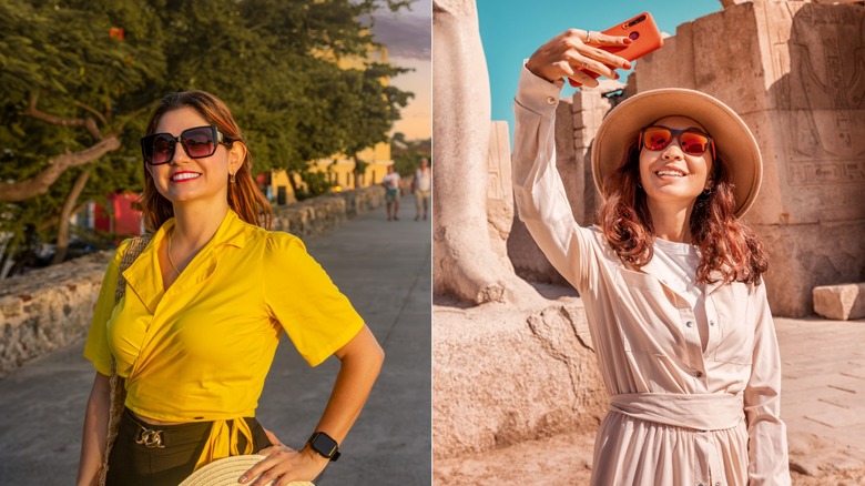 Tourist wearing bright yellow shirt vs tourist in the Middle East wearing neutral shirt dress, sunglasses, and hat