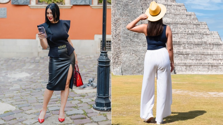 Woman in uncomfortable leather skirt with a split and red heels, next to a woman in comfortable white shoes and breathable pants