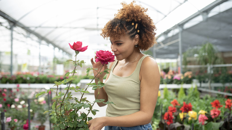 woman smelling roses