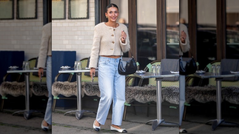 woman wearing white and black flats