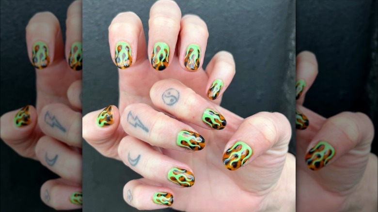 Tortoise shell nails with green flames