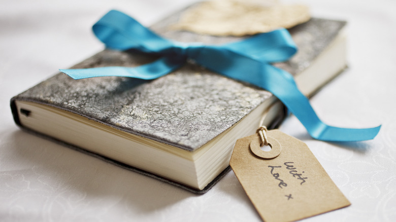 Journal wrapped in ribbon and gift tag