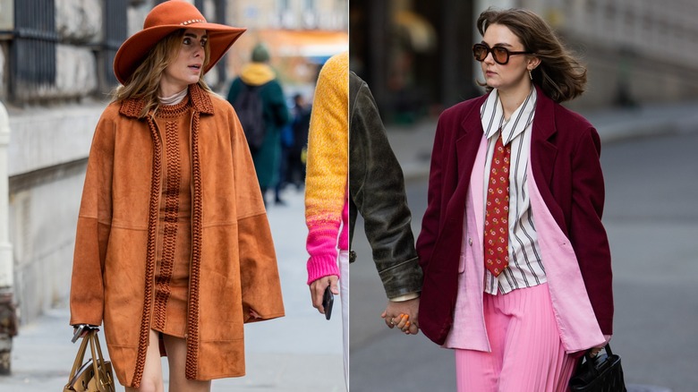 Women wearing burgundy and rust jackets