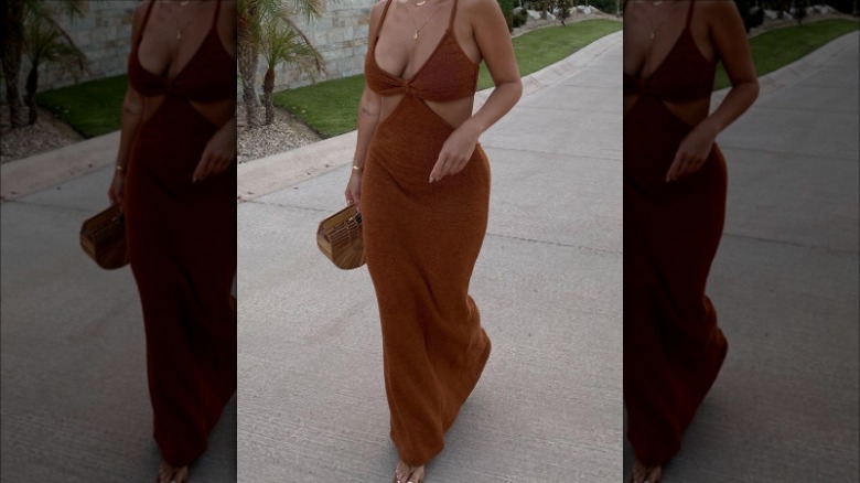 woman wearing brown cutout tube dress