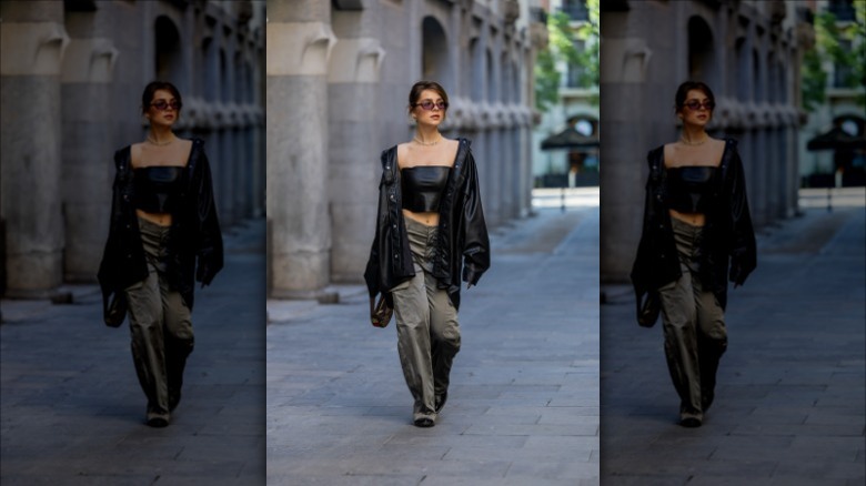 woman wearing leather tube top 