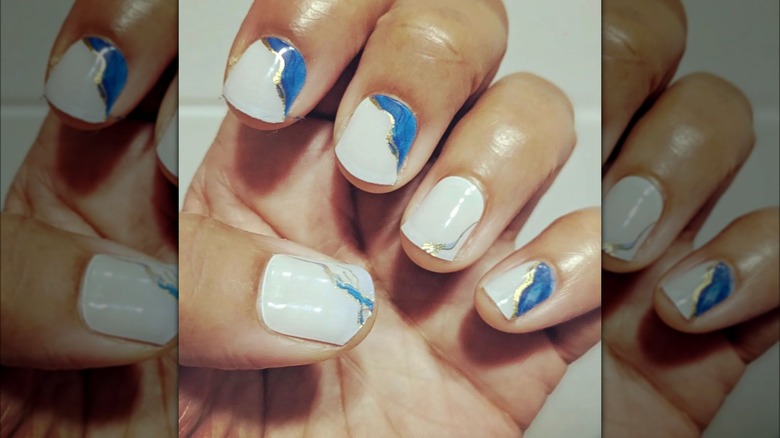 White and blue kintsugi nails