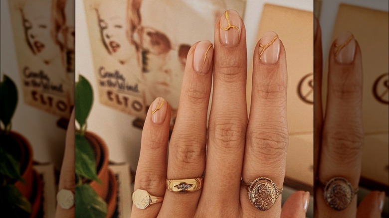 Neutral and gold kintsugi nails