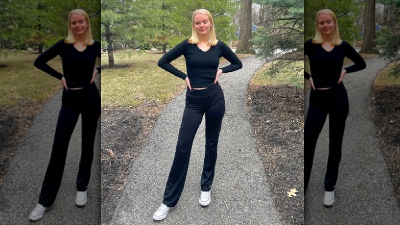 Black top and yoga pants