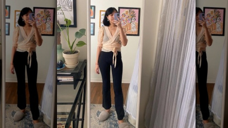 Blouse and yoga pants mirror selfie