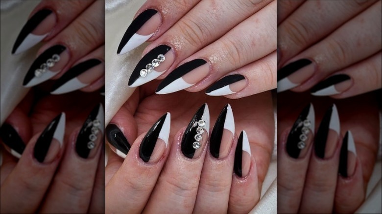 black and white nails with gems