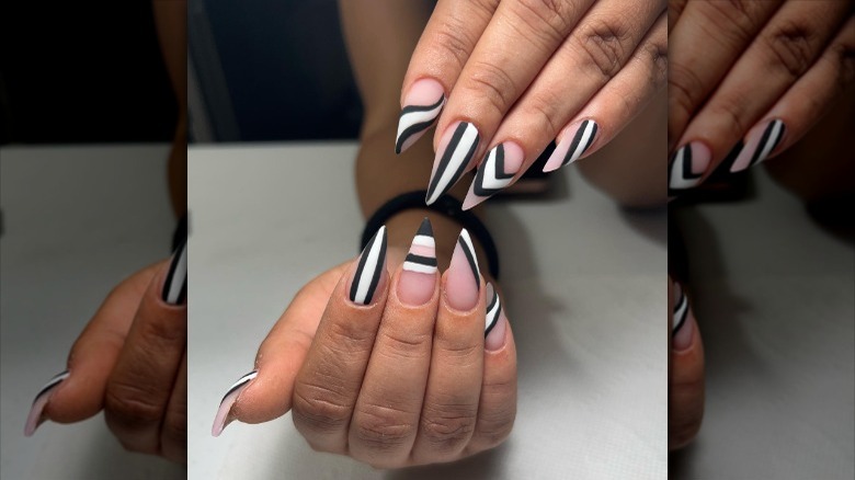 white and black matte stripes on nails